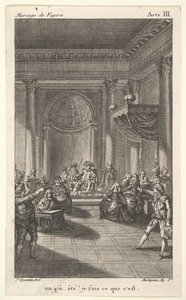 رجل جالس على كرسي على منصة متدرجة يحمل جمهوراً ، رجلان يشيران إلى ستان ، ... 1784.