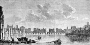 جسر لندن القديم الذي دمره حريق عظيم عام 1666. نقش من لوحة لكلود دي جونغ (1650) في متحف ساوث كنسينغتون