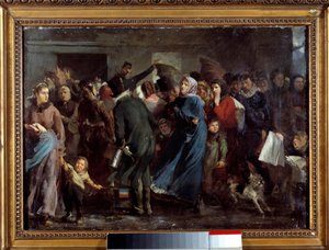 الذيل به مذبحة. سكان باريس الجياع ينتظرون دورهم في منزل الجزار خلال حرب 1870-1871 ضد بروسيا. لوحة لكليمنت أوغست أندريو (1829 - 1880)