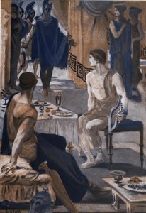 أخيل يستقبل مبعوثي أجاممنون. رسم إيضاحي لكليمان غونتييه (1876-1918) لـ "الإلياذة" لهومير (أوميرو). باريس ، هنري لورينز