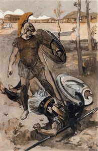 موت هيكتور: مقتل هيكتور على يد أخيل. رسم توضيحي لكليمنت جونتييه (1876-1918) لـ "الإلياذة" لهوميروس (أوميرو). باريس، هنري لورينز