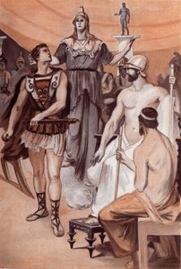Querelle of Achilles و Agamemnon: اقترب Minerva الذي ينزل من السماء من خلف Achilles ، وأمسك به من شعره لمنعه من سحب سيفه ضد Agamemnon. رسم إيضاحي لكليمان غونتييه (1876-1918) لـ هوميروس "الإلياذة" (Omer
