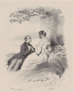 رجل يتقدم لخطبة امرأة يخفي وجهها الشعر ، ح. 1830-65.