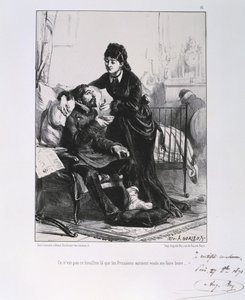 الحرب الفرنسية البروسية 1870-1871: جندي جريح يتم رعايته وتغذيته. من سلسلة من المطبوعات الحجرية لكليمنت أوغست أندريو على جاردس ناشوناليس.