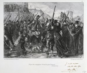 الحرب الفرنسية البروسية 1870-1871: معركة بوزنفال (جبل فاليرين) بالقرب من فرساي في 19 يناير 1871. مسيرة غارد الوطنية للمعركة والهزيمة. من سلسلة من المطبوعات الحجرية لكليمنت أوغست أندريو على جاردس ناشوناليس.