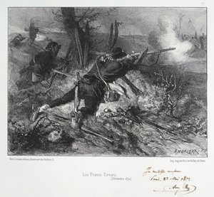 الحرب الفرنسية البروسية 1870-1871: الرماة الفرنسيون. من سلسلة من المطبوعات الحجرية لكليمنت أوغست أندريو على جاردس ناشوناليس.