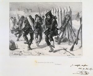 الحرب الفرنسية البروسية 1870-1871. حصار باريس 19 سبتمبر 1870-28 يناير 1871. يقفز الجنود على الأسوار للتدفئة. من سلسلة من المطبوعات الحجرية لكليمنت أوغست أندريو على جاردس ناشوناليس.