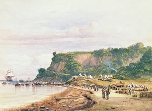 هبوط القوات البريطانية والفرنسية في فاروا على البحر الأسود من HMSBellerophon ، 17 يوليو 1854 في حرب القرم (ألوان مائية) بواسطة العقيد بن هالويل