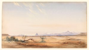 كوردييرا جبال الأنديز، كما تُرى من السهل الغامض، بالقرب من سانتا كروز، حوالي عام 1878 (لوحة مائية)