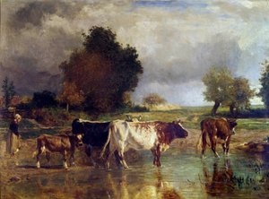 بقرة ولحم العجل في البركة أو حوض الري اللوحة بواسطة كونستانت ترويون (1810-1865) القرن التاسع عشر الشمس. 0،78x1،03 م