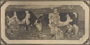 استنساخ صور لرسم التصميم مع زوجات المزارعين وأبقارهم لنافذة من الزجاج الملون بقلم ريتشارد رولاند هولست بواسطة كورنيليس ألبرتوس ديول