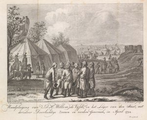 ويليم الخامس مع أبنائه في معسكر الجيش عام 1794 استشارة د. وليام الخامس ، في جيش الدولة ، مع أبنائه الهادئين والجنرالات الآخرين ، في أبريل 1794 (العنوان على الشيء)