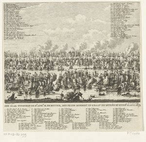 معركة بحرية في Kijkduin ، 1673 معركة بحرية بين Hr. adml. M. de Ruiter، Prince Robbert and Count de Estrée by Kykdn. 21 أغسطس 1673 (العنوان على الكائن)