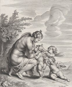 كوكب الزهرة يرضع ثلاثة كيوبيد في منظر طبيعي ، كاليفورنيا. 1627-1678. بواسطة كورنيليس جالي الثاني