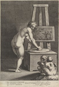 Pictura: قصة رمزية للرسم ، مع امرأة عارية في المركز لطحن الأصباغ ، اثنان ص ... ، كاليفورنيا. 1610-50.