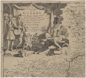خريطة لإقليم شرق وجنوب بروكسل ومقاطعة نامور (أعلى الورقة على اليسار) Carte de la Meuse ou Téâtre de la Guerre sur le Rhein، Moessele، Mayn، Le Necker، Meuse avec les pais voisins (العنوان على الكائن) بواسطة كورنيليس هيبرتس