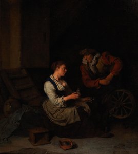 فارس وامرأة في عجلة الغزل 1662. بواسطة كورنيليس بيترس. بيغا