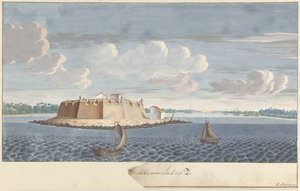 حصن هامنهيل (Hummenil) في سيلان ، يُرى من البحر Fortres Hammenhiel uijt Zee (العنوان على الكائن)