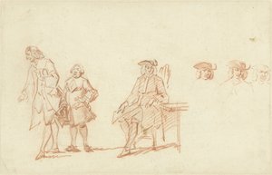 ورقة دراسة بها رجلين واقفين ورجل جالس يتكرر رأسه ثلاث مرات بواسطة Cornelis Troost