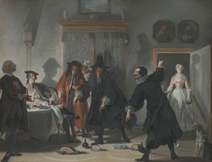 علماء الرياضيات أو السيدة الشابة التي هربت: الخلاف بين الأطباء Raasbollius و Urinaal ، 1741 بواسطة كورنيليس تروست