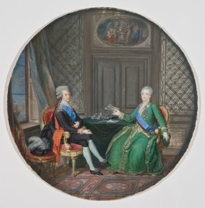 الملك جوستافوس الثالث وكاترين الثانية من روسيا في فريدريكشامن 1783 (ألوان مائية على الرق) بواسطة كورنيليوس هوير