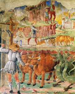 صورة زراعية ، تفاصيل من Triumph of Ceres ، مشهد من شهر أغسطس ، حوالي 1470 ، منسوبة إلى Cosimo Tura ، و Master of Ercole ، جدارية ، الجدار الشمالي ، Hall of the Months ، Palazzo Schifanoia (قصر الفرح) ، Ferrara ، Emilia-Romagna. إيطاليا
