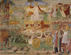 انتصار سيريس ، مشهد من شهر أغسطس ، منسوب إلى كوزيمو تورا (حوالي 1430-1495) وماجستير إركول ، لوحة جدارية ، الجدار الشمالي ، قاعة الأشهر ، قصر شيفانويا (قصر الفرح) ، فيرارا ، التفاصيل ، إيطاليا ، حوالي 1470