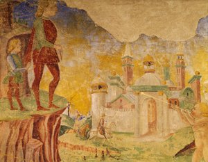 انتصار سيريس ، مشهد من شهر أغسطس ، منسوب إلى كوزيمو تورا (حوالي 1430-1495) وماجستير إركول ، لوحة جدارية ، الجدار الشمالي ، قاعة الأشهر ، قصر شيفانويا (قصر الفرح) ، فيرارا ، التفاصيل ، إيطاليا ، حوالي 1470