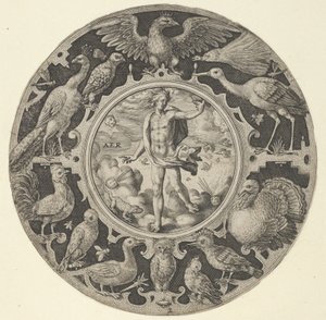 'Aer' in a Decorative Border with Birds ، من سلسلة من التصاميم الدائرية مع F ... ، 1590-1612.