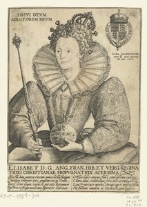 Portret van Elizabeth I Tudor، ten نصف lijve Posvi Devm Aiut Orem Mevm (العنوان على الكائن) بواسطة كريسبين فان دي باس (الأول)