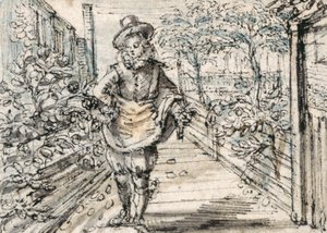 A fashionably dressed youth strolls in a town rose garden (pen & brown ink with brown & grey wash on paper)
