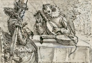 Youth playing a lute (pen & ink with brown wash on paper)