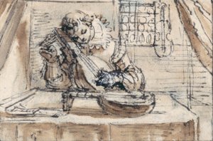 Youth tuning his instrument (pen & brown ink with brown wash on paper)