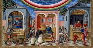 Detail of merchants selling various items: on the left, a merchant of fruits and vegetables, in the center a miller molding grain (Miniature, circa 1470)