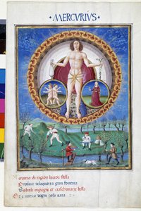 Mercury with signs of the zodiac of the Virgin and the Gemels. Downstairs, peasants working in the fields. Miniature made by Cristoforo de Predis (v. 1440-v. 1486) - in “” De Sphaera””” d