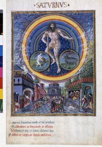 Saturn with zodiac signs of aquarius and capricorn. Downstairs, the game scenes and its influence on men. Miniature made by Cristoforo de Predis (v. 1440-v. 1486) - in “” De Sphaera””” d