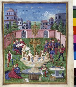 Influence of Mercury: the Garden of Love and the Fountain of Youth. Miniature made by Cristoforo de Predis (v. 1440-v. 1486) - in “” De Sphaera””” d