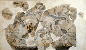 الفن السيكلاد: جزء من الجص يصور الأسماك الطائرة (يبتلع البحر). من موقع Phylakopi (جزيرة Melos) 2500 ق. 23 سم أثينا ، المتحف الأثري الوطني - الفن السيكلادي: أجزاء من لوحة جدارية تصور الأسماك الطائرة (خطاف البحر) ، من Si بواسطة سيكلاديك