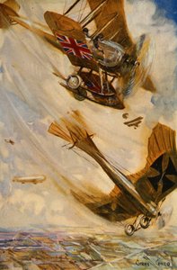British biplane bringing down a German Taube monoplane with pistol fire, early in the war (colour litho)