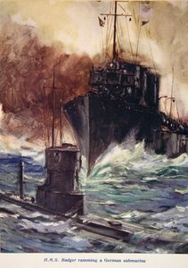 "HMS Badger صدمت غواصة ألمانية" ، صورة توضيحية من "Told in the Huts: The YMCA Gift Book" ، نُشر عام 1916