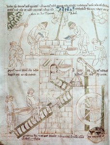 Ms 23 C 124 fol.3 بناء برج بابل ، من الكتاب المقدس فيليسلاف ، ص 1340 بواسطة المدرسة التشيكية