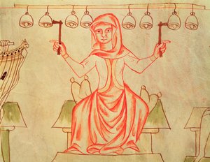 Mx XXIII C.124 موسيقي يلعب أجراسًا ، من الكتاب المقدس فيليسلاف ، c.1340 بواسطة المدرسة التشيكية