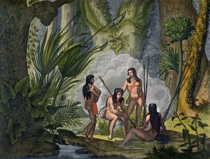 رجال قبيلة كاماكان في غابة الأمازون في غابة الأمازون ، البرازيل ، من &39;Le Costume Ancien et Moderne&39; ، المجلد الأول ، اللوحة 53 ، بقلم جول فيراريو ، تم نشره في 1820s-30s (نقش الألوان)