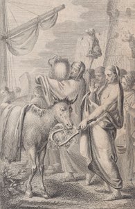 شخصيات على اليمين بالقرب من سفينة ، بعضها يحمل حيوانات فوق رؤوسهم ، حصان على اليسار ، 1783 بواسطة كريستيان برنارد رود