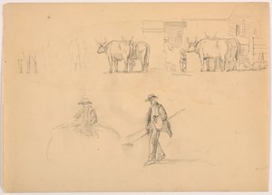 رسم، فناء الحظيرة؛ شخصيات وثيران، 1878 بواسطة دانييل هنتنغتون