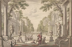 منظر لحديقة قصر بها بركة مركزية محاطة بالعمارة الكلاسيكية ... ، كاليفورنيا. 1700-1720. بواسطة دانيال ماروت