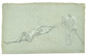 دراسة حصار جبل طارق (دراسة الشكل المنقذ وشكلين يسحبان مجذاف) ، 1785-1786 (طباشير أبيض وأسود على ورق رمادي-أخضر) بواسطة دانيال ميتينز