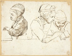 ثلاثة أطفال (وجه) ؛ رسومات تخطيطية للرأس والعيون والشفاه والزهور (ظهر) بواسطة دانيال نيكولاوس شودويكي