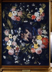 إكليل من الزهور مع مادونا والطفل (إكليل من الزهور مع مادونا والطفل). رسم دانيال سيغيرز (1590-1661). زيت على قماش ، ٨٢ × ٦٤ سم. الفن الفلمنكي ، الفن الباروكي. متحف الدولة للفنون ، تولا (أو تولان).