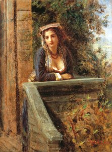 فتاة صغيرة على النافذة أو امرأة شابة على الشرفة ، بقلم دانييل رانزوني (1843-1889) ، زيت على ورق مثبت على خشب ، 44 × 33 سم